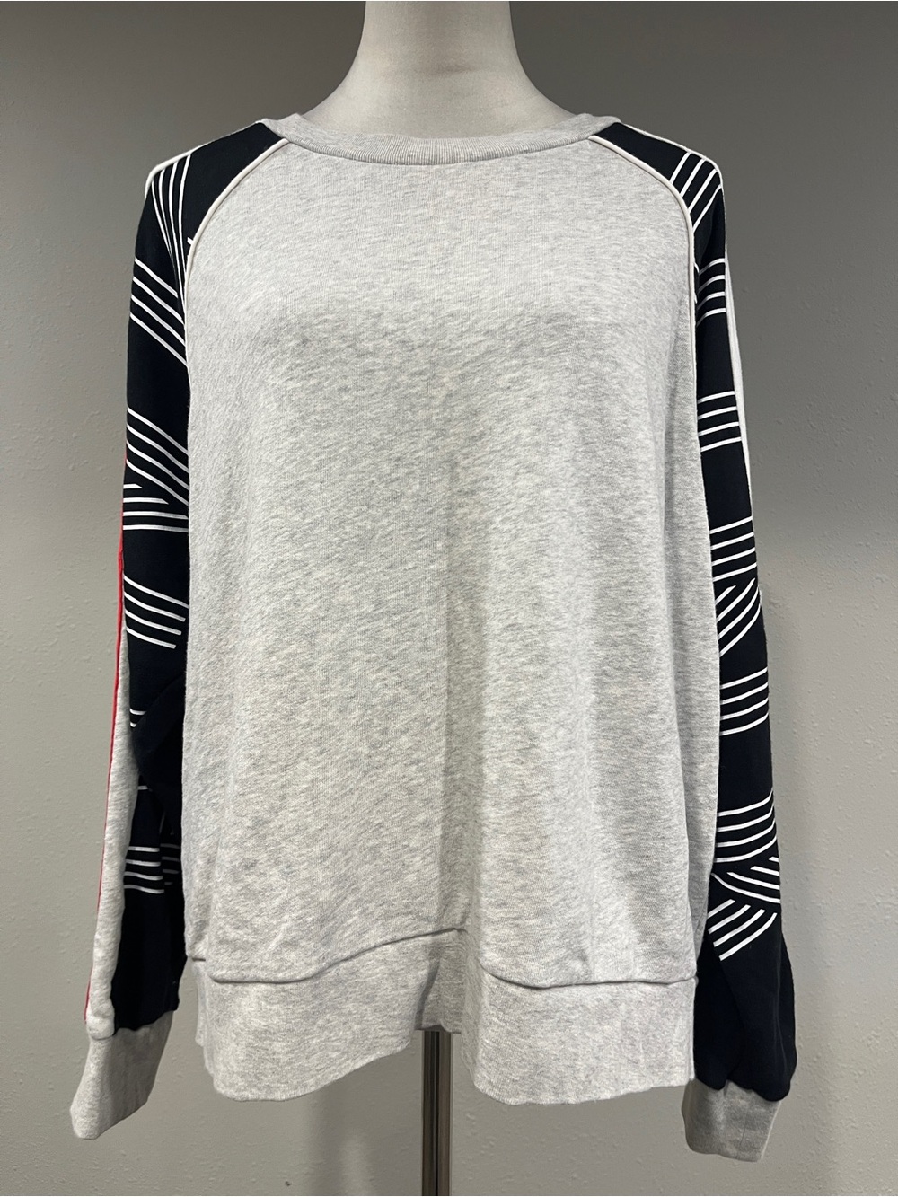 Victoria's Secret Light Gray Pullover with Black Patterned striped Sleeves